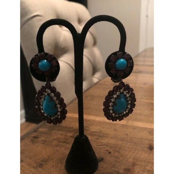 VINTAGE 1960 ERA KENNTH JAY LANE PINK GLASS CRYSTAL BLUE RESIN CLIP ON EARRINGS - Picture 2 of 7